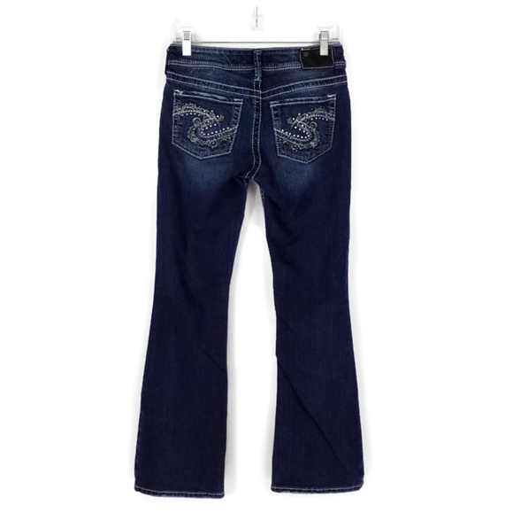 Silver Suki Dark Wash Distressed Low Rise Slim Bootcut Denim Jeans Womens 28 EUC - Picture 1 of 8